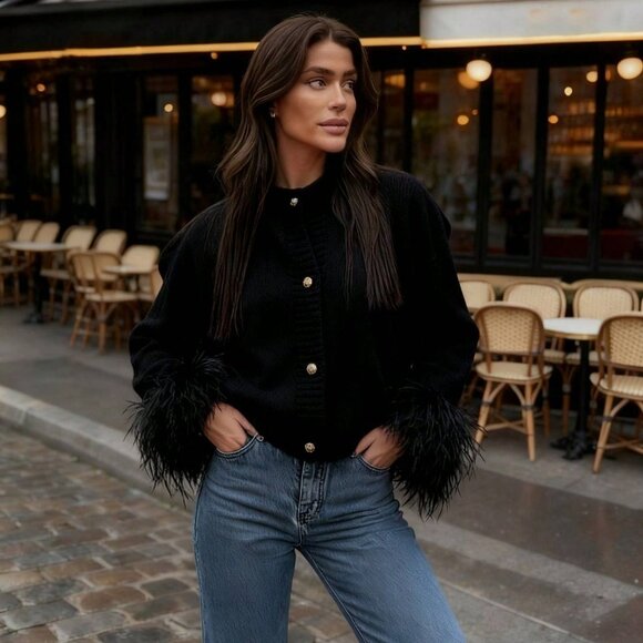 Black Festive Women's Furry Cuffs Metal Buttons Cardigan - Picture 11 of 11